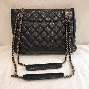 CHANEL Lambskin Black Gold Quilted Leather Bag